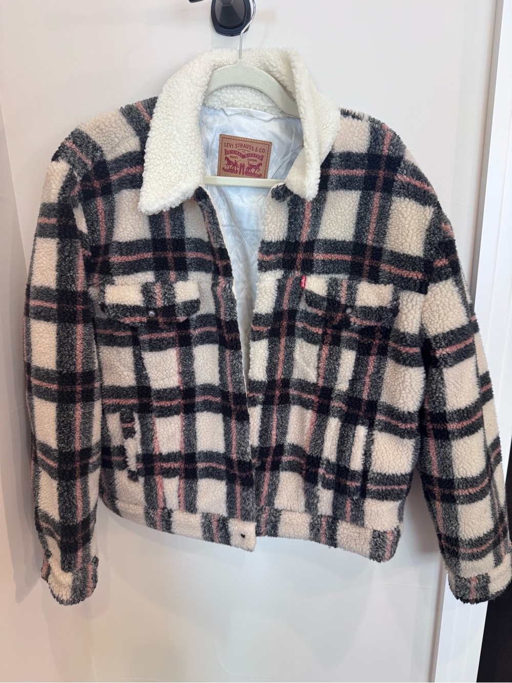 Levi's Ex-Boyfriend Trucker Jacket in Cream & Black Plaid